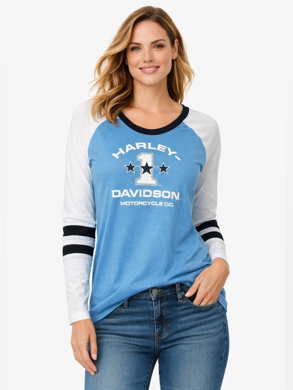 Harley-Davidson Light Blue, White & Black Raglan Long Sleeve Tee